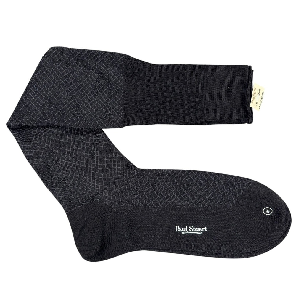 Paul Stuart Socks Mens M Black Grid 100% Cotton Over the Calf Italy NWT